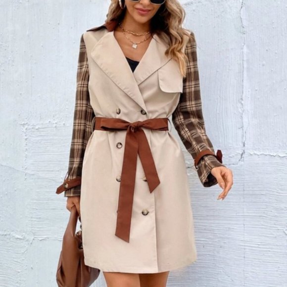 . Jackets & Blazers - Plaid Print Double Breasted button Belted Trench Coat Jacket